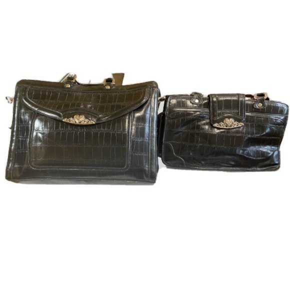 M & M Handbags - M.C. MARC CHANTAL 2 PIECE Set Black Sliver Faux Leather Briefcase with H…